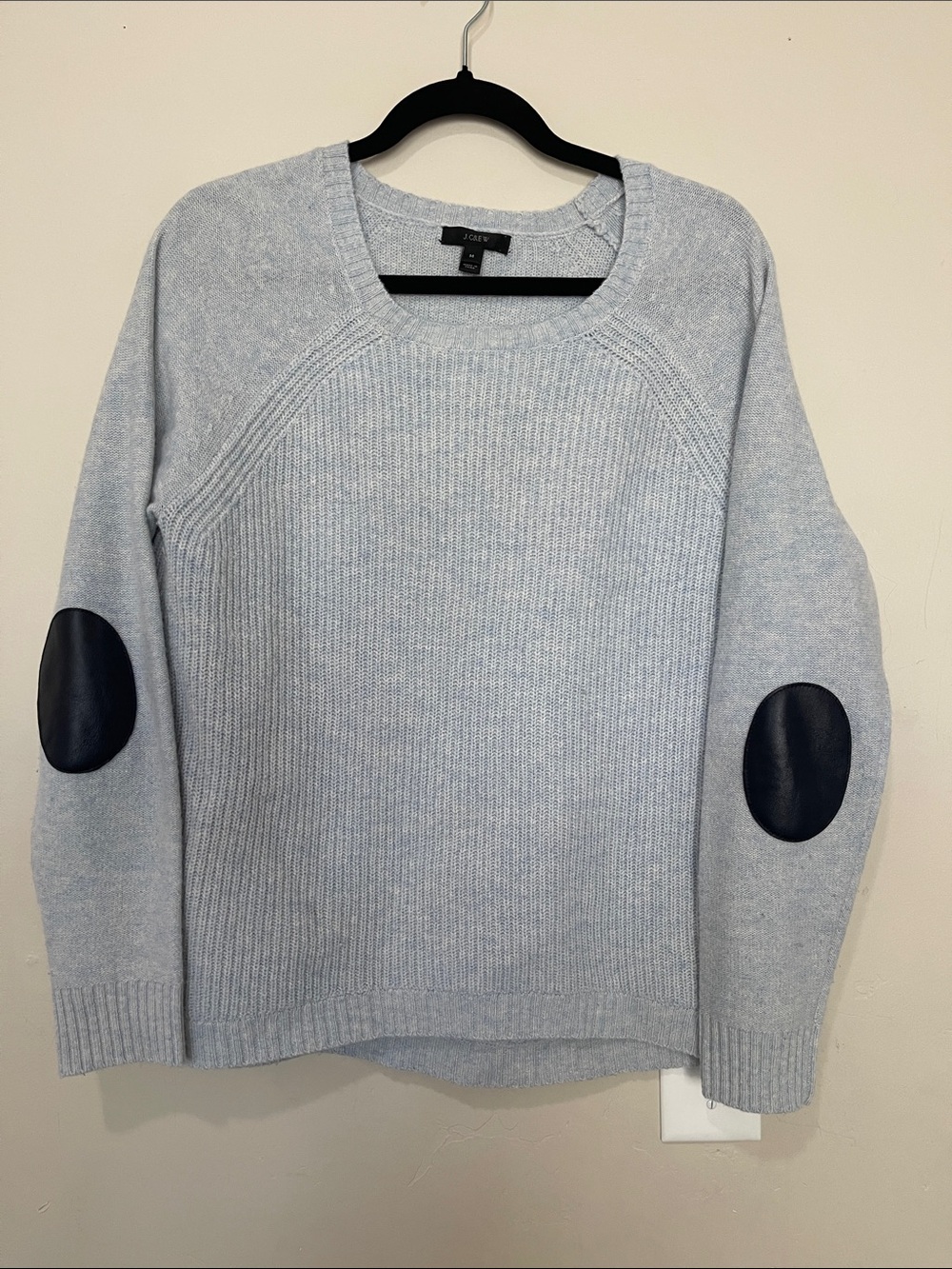 J.Crew wool pullover sweater raglan sleeves black leather elbow patches M